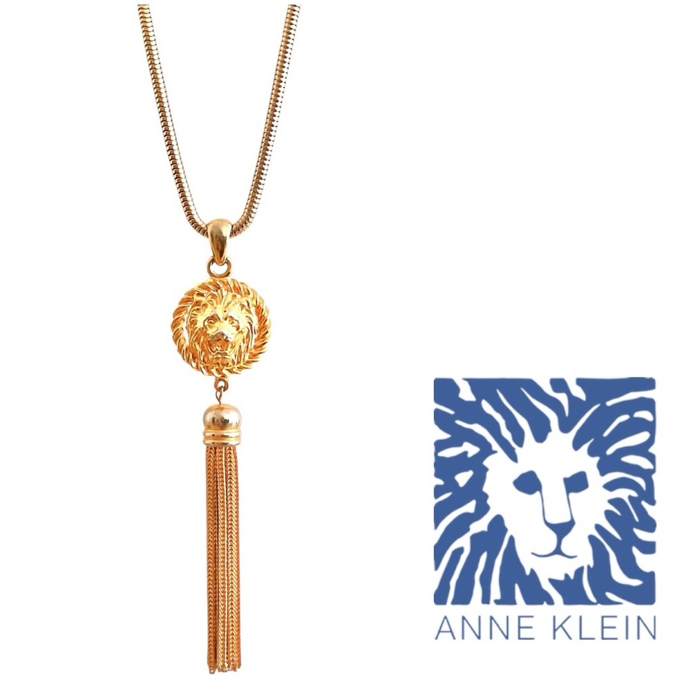 Vintage ANNE KLEIN Gold Lion Tassel Long Necklace w/Stamped Brand Logo Hang Tag